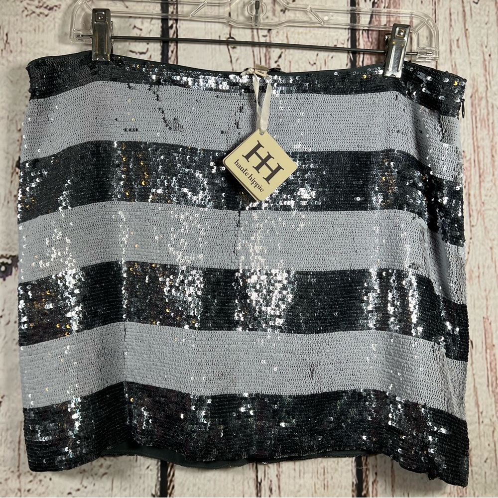 NEW Haute Hippie Striped Metallic Sequins 100% Silk Mini Skirt $395 MSRP LARGE - Picture 2 of 16